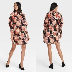 Who What Wear | Pink Red Black Floral Print Long Puff Sleeve Mini Dress